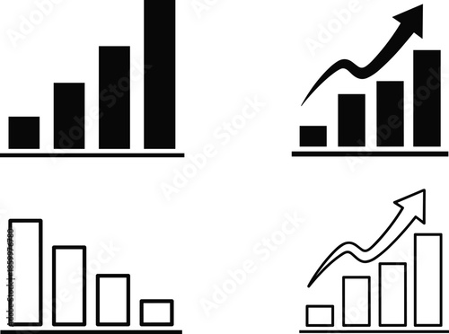 Bar chart growth and decline icons, business analytics symbols, financial performance graphs, data visualization elements, upward and downward trends vector illustration