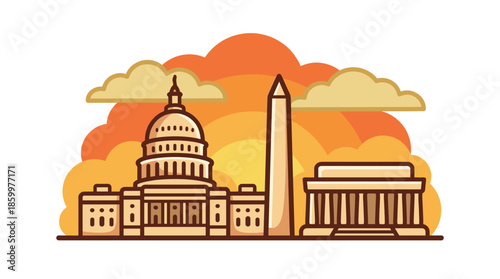 Washington DC Skyline Vector Badge at Sunset. Warm Orange Cloud Background with Capitol and Monument. Cartoon Sticker Icon of American Capital City Landmarks.