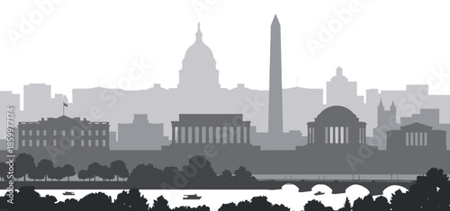 Washington DC Skyline Vector Silhouette in Monochrome Style. Grey Cityscape Panorama with Trees and Potomac River. Foggy Morning View of Capitol and Monuments.