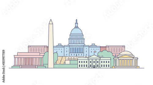 Pastel Washington DC Skyline Vector Illustration. Flat Line Art Design of US Capital Landmarks. White House, Capitol and Lincoln Memorial Isolated on White.