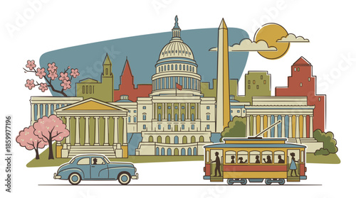 Colorful Washington DC Skyline Vector Illustration with Cherry Blossoms. Flat Style American Capital Cityscape with Tram, Capitol, and Monument. Spring Tourism Poster Design.
