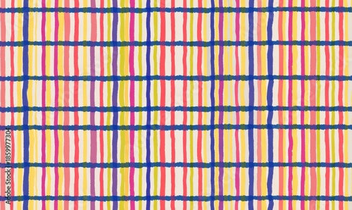 Vibrant Hand-Drawn Plaid Grid Pattern - Artistic Red, Blue, Yellow, Orange Lines on Cream.