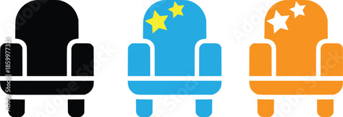 Set of three colorful armchair icons including black, blue with yellow stars, and orange with white stars vector set