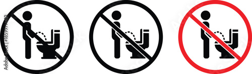 Toilet Signs, Labels, and Stickers. Prohibition Warnings. Sit on Toilet Seat, No Standing, No Peeing on Floor, No Smoking, No Spitting. Vector Illustrations