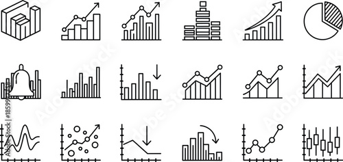 Business chart and graph icons set, data analytics visualization, financial performance indicators, growth and decline statistics symbols, modern outline vector collection