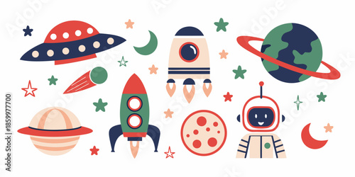 Colorful illustration depicting spaceships planets a robot and celestial bodies