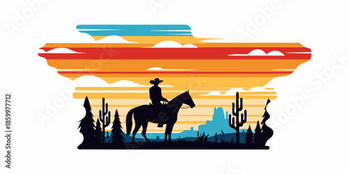 A silhouette of a cowboy riding a horse against a desert sunset