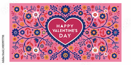 Festive valentine s day card with floral patterns and a heart shaped message