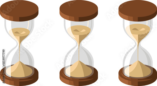 Isometric Hourglass Timer Vector Illustration Set Showing Sand Clock for Time Management, Countdown, and Deadline Concepts