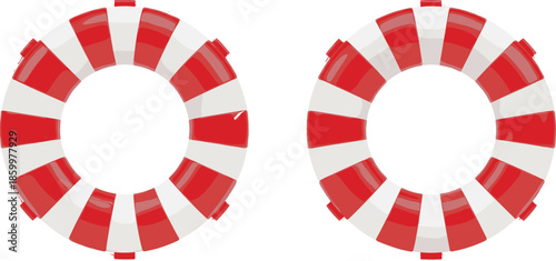 Isometric Lifebuoy Ring Vector Illustration Set Showing Red and White Rescue Float for Water Safety Concepts