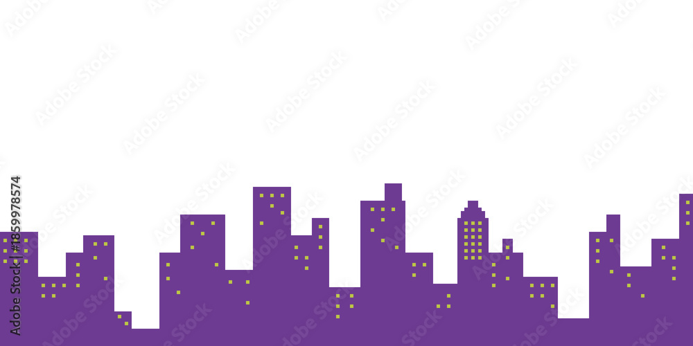 Obraz premium Pixel art purple city with buildings city scape panoramic and transparent background. can be used for wallpaper, template card, game asset, frame and background. Simple and cute card.