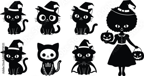 Cute Halloween character illustration set, black cat witches and spooky girl holding pumpkins, playful cartoon silhouettes, festive holiday vector collection design