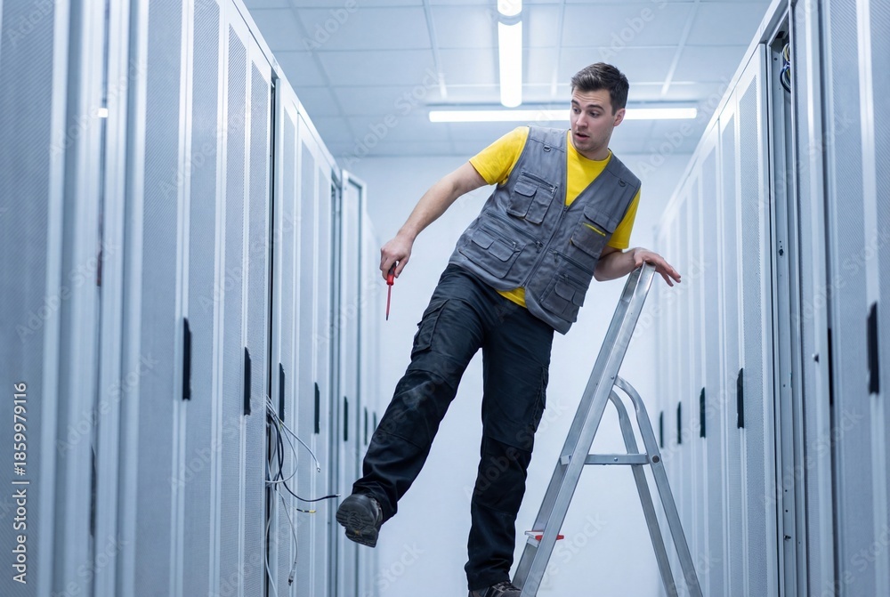 Fototapeta premium Shocked male technician losing balance and falling off a ladder in a modern data center server room