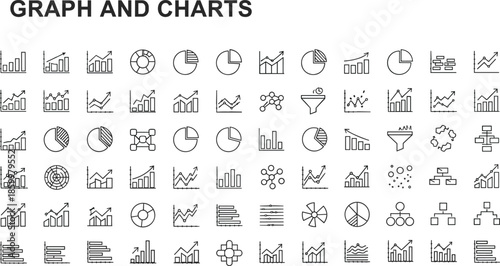 Graph and charts icons set, business analytics data visualization, financial statistics symbols, performance reporting elements, modern outline infographic vector collection