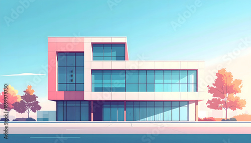 Modern Commercial Building With Large Windows and Autumn Trees