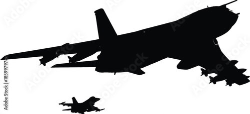 Military bomber aircraft silhouette with fighter jet escort isolated on white background strategic air power combat aviation defense concept