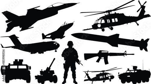 Military equipment silhouettes collection with soldier aircraft helicopters vehicles weapons isolated on white background modern warfare defense security concept