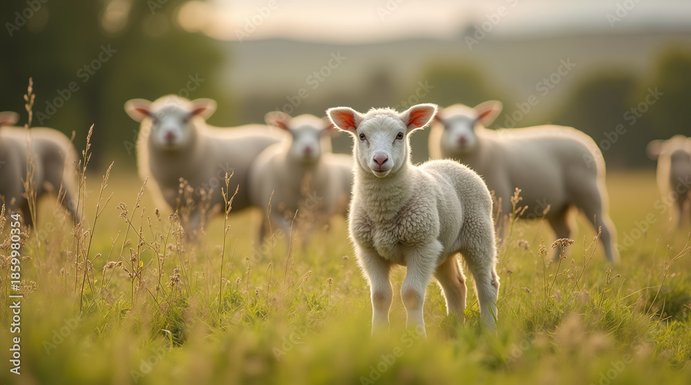 Obraz premium Adorable Young Lamb Standing in Sunny Green Pasture with Sheep Flock Rural Farm Animal Agriculture Livestock Farming