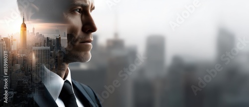 A thoughtful businessman stands against a blurred city skyline, blending professionalism with modern urban life.