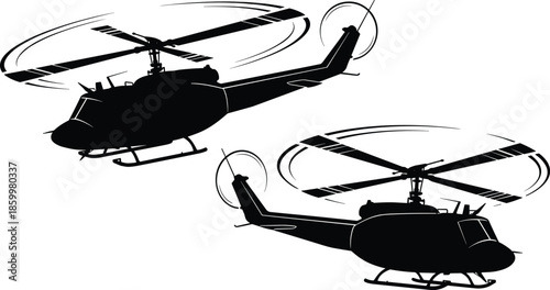 Military helicopter silhouettes flying pair isolated on white background rotary wing aviation defense transport rescue warfare concept illustration security patrol