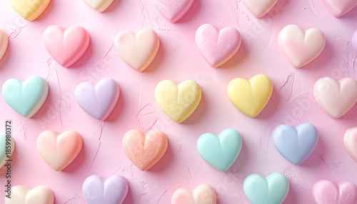 Pastel heart-shaped candies arranged in neat rows on a soft pink background, symbolizing love and sweetness for celebrations.