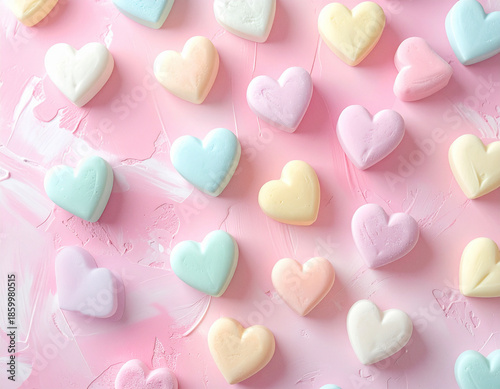 Pastel heart-shaped candies scattered on a textured pink background, evoking a sweet and romantic mood for celebrations.