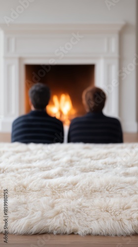Couple resting on sheepskin rug by fireplace, peaceful holiday retreat