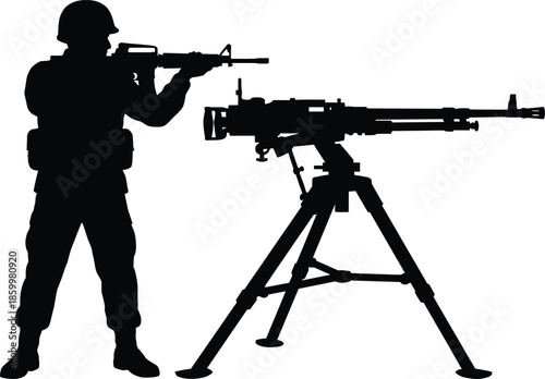 Military soldier silhouette aiming rifle beside mounted machine gun isolated on white background combat defense security concept modern warfare illustration