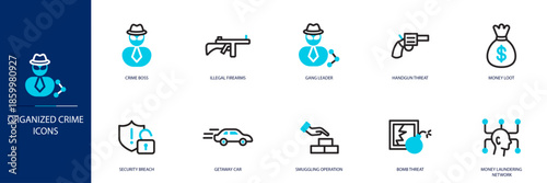 Organized Crime Blue Colored Outline Icon Set