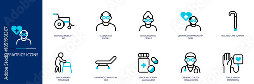 Geriatrics Blue Colored Outline Icon Set