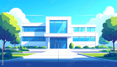 Modern Office Building Exterior with Lush Greenery and Clear Blue Sky