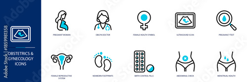 Obstetrics and Gynecology Blue Colored Outline Icon Set