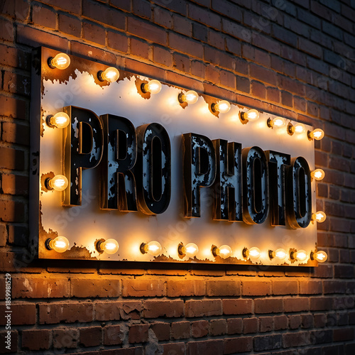 Illuminated vintage 'PRO PHOTO' sign with warm glowing bulbs on a textured brick wall, representing a specialized photography business or creative visual art studio