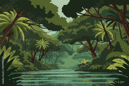 Tropical jungle background of a paradise island with palm trees and exotic coconut leaves against a summer sunset sky over the ocean nature landscape vector illustration