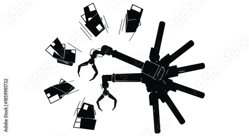 Automated robotic arm with multiple grippers assembling components in a clean, modern factory setting.