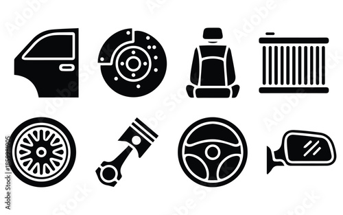 Car Headlight Signal and Vehicle Silhouette Icon Set with Front View and Side Profile Vector Pack