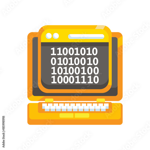 Binary code on laptop screen vector illustration, representing programming, data processing, and computer science concepts.