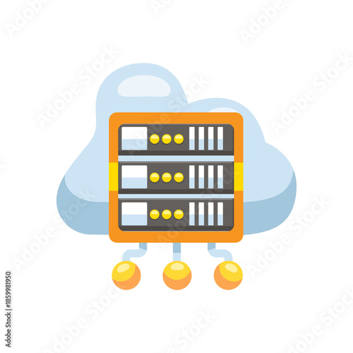 Cloud computing data server rack with network connections, represent cloud hosting, data storage, and network infrastructure.