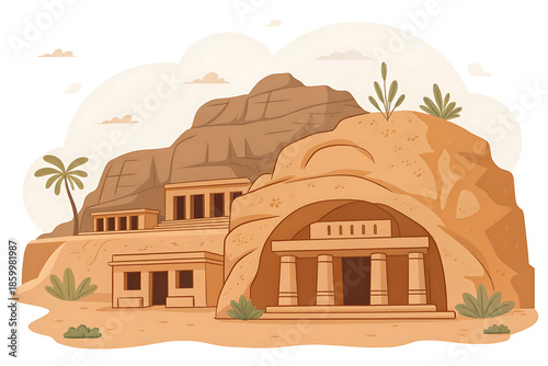 Ajanta Caves simple rock-cut shapes, warm earth tones, minimal shading, calm composition