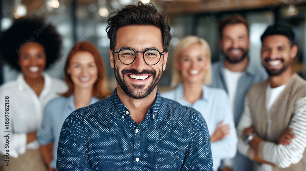 Fototapeta premium A diverse group of professionals radiates positivity and collaboration, captured in a bright, inviting portrait emphasizing teamwork and shared success within a modern office setting.