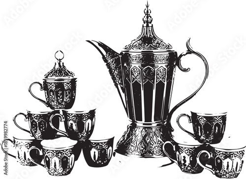Antique silver coffee pot and cups a vintage tableware set illustration