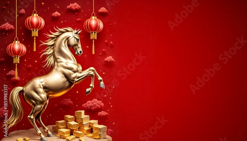 Majestic Golden Horse with Lanterns and Gold Ingots Background