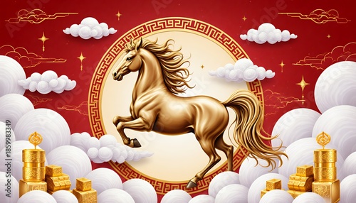 Golden Horse Leaping Against Red Background with Clouds and Coins