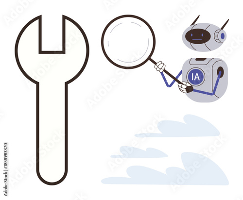 Tiny robot with AI label inspects a large wrench using a magnifying glass, suggesting analysis and troubleshooting. Ideal for technology, innovation, AI, tools, problem-solving, engineering