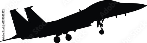 Modern military fighter jet silhouette taking off with landing gear extended isolated on white background combat aviation defense air power