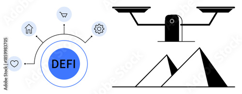 Blockchain systems, decentralized economy, financial technology, smart contracts, scalability, innovation. Central icon labeled DEFI with surrounding icons digital finance. Blockchain systems