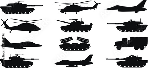 Modern military vehicle silhouettes set, tanks helicopters fighter jets and armored transport isolated on white background for defense design projects