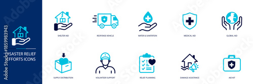 Disaster Relief Efforts Blue Colored Outline Icon Set