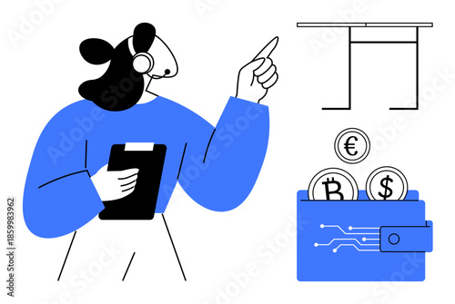 Finance, customer support, cryptocurrency, digital transactions, payment systems, fintech. Woman wearing a headset, digital wallet with euro bitcoin symbols and connected table. Finance