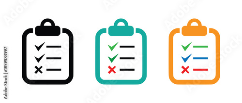 Clipboard checklist icons set with checkmarks and x marks vector set